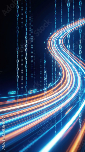 Abstract digital technology background with binary code and high speed data motion trails.