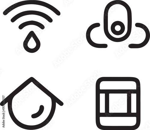 Smart home and utility monitoring icons including water leak sensor and battery indicators
