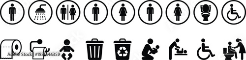 Black and white restroom and hygiene facility icons including male, female, unisex, accessibility, baby changing, recycling, and caregiver assistance symbols for public signage design
