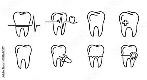 a set of dental health line art icons illustrating various oral care concepts including check-up pain implant and gum issues.