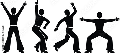 Black and white silhouette illustration of four dancers in dynamic disco-inspired poses, retro dance style, expressive movement, energetic rhythm, performance art concept scene