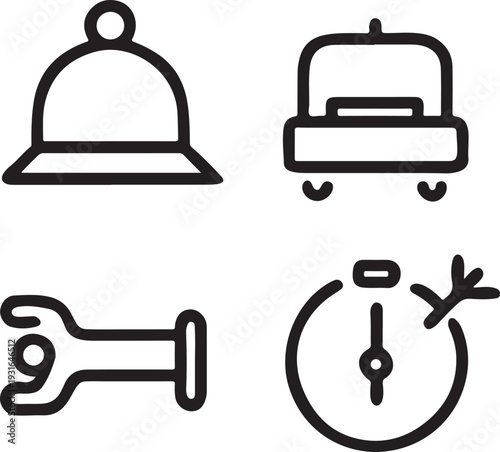 Collection of four distinct black line vector icons on a transparent background