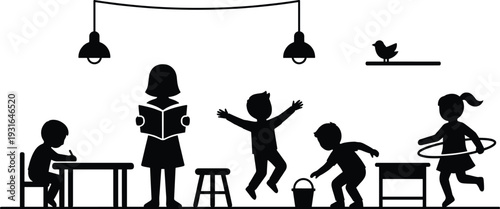 Black and white silhouette illustration of children learning, playing, and interacting with teacher in classroom environment, educational activity concept, schoolroom decor, childhood creativity scene