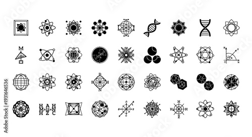 science and technology vector icons illustrating abstract mathematical physical and biological concepts for modern design