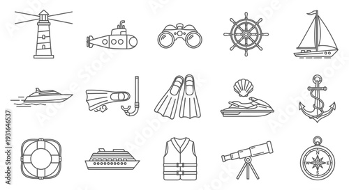 set of clean outline nautical and marine icons for sea travel ocean adventure and maritime exploration design.