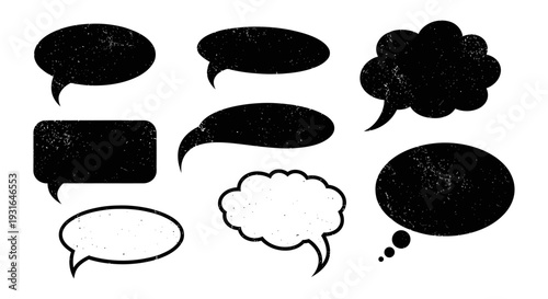 various distressed black speech and thought bubbles with grunge texture on white perfect for communication and design projects