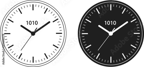 Analog Wall Clock Icon Set with Black and White Minimal Time Display Showing Ten Past Ten for Office, Home, and UI Design