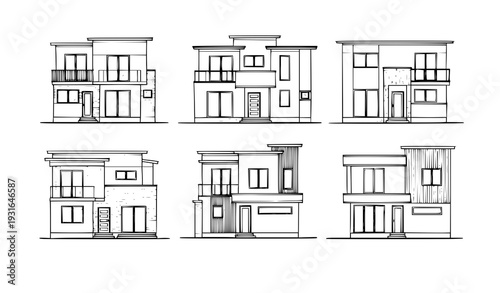 Modern Two Story House Elevation Sketch Set Minimalist Architecture Vector