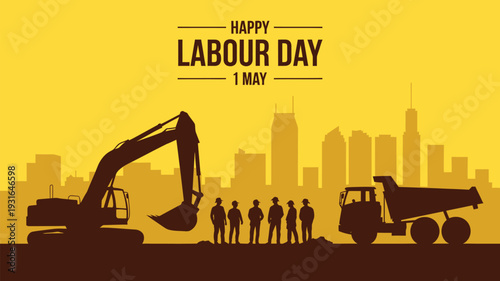 Labour Day Celebration with Construction Vehicles and Workers in City Skyline