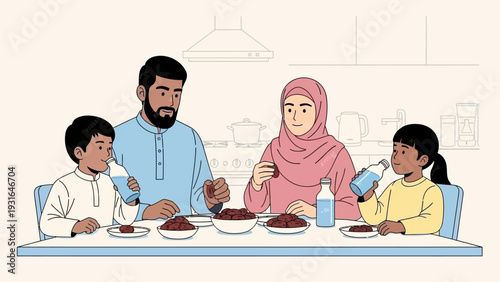 muslim family eating dates and drinking water at home to break fast during ramadan illustrating islamic tradition.
