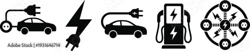 Black silhouette icons of electric cars, plugs, lightning bolts, and charging stations, symbolizing EV technology, energy connectivity, sustainability, and modern infrastructure design
