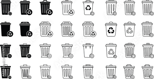 Trash Can and Recycling Bin Icon Set with Garbage Containers, Waste Management Symbols, and Eco Disposal Signs for Environmental Design