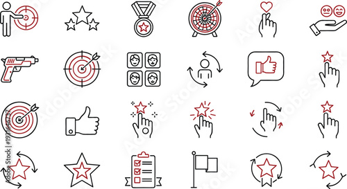 Target Achievement and Feedback Icon Set with Goals, Rating Stars, Like Gestures, Customer Satisfaction, and Performance Evaluation Symbols