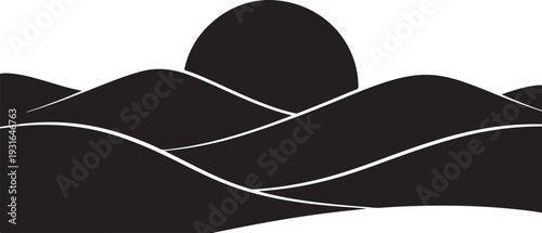 Minimalist black and white landscape with hills and sunset