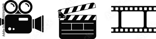 Black silhouette icons of vintage film camera, clapperboard, and filmstrip, symbolizing filmmaking, video production, cinema, entertainment industry, and creative media illustration