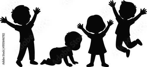 Black silhouette illustration of four children in playful poses, crawling, jumping, standing with raised arms, joyful activity concept, childhood fun, physical development, energetic play scene