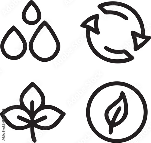 Ecology and sustainability icons including water drops recycle arrows and organic leaf signs