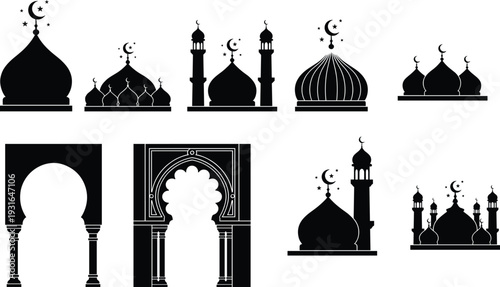 Collection of Islamic mosque silhouettes and ornate archway designs with crescent moons and stars, showcasing traditional Islamic architecture and cultural symbolism in vector illustration