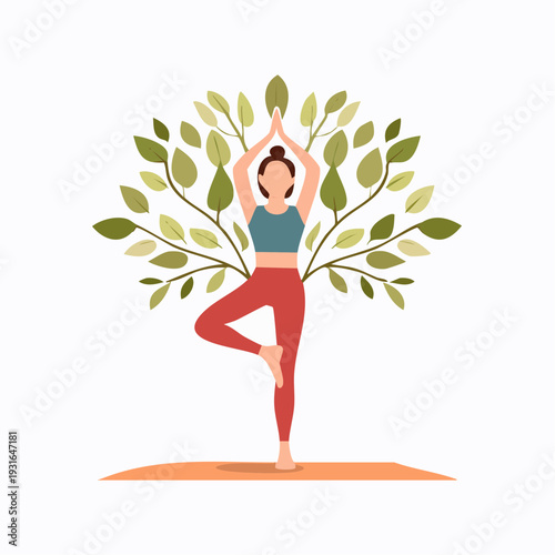 Meditative Woman in Yoga Tree Pose, Harmonizing with a Symbolic Green Leaf Tree for Health and Balance