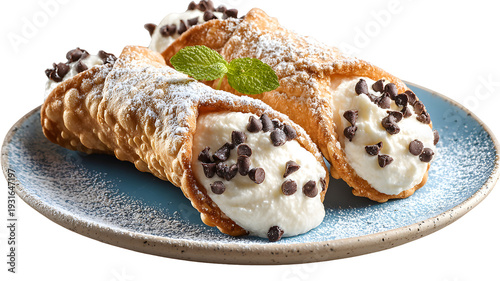 Two classic Sicilian cannoli on a plate. Crispy fried pastry shells are filled with a sweet isolated on a white background