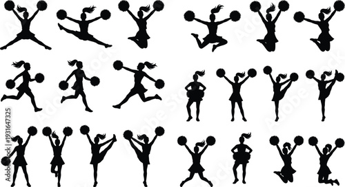 Dynamic collection of cheerleader silhouettes with pom-poms in energetic poses, perfect for sports design, dance illustrations, and athletic performance themed graphic projects