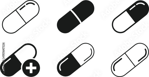 Medicine Capsule and Pill Icon Set with Outline and Solid Styles Including Medical Cross Symbol for Healthcare, Pharmacy, and Drug Treatment Design