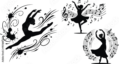 Dynamic silhouettes of dancers with musical notes, flourishes, and artistic splatters showcasing expressive movement, rhythm, creativity, and harmony between dance and music illustration