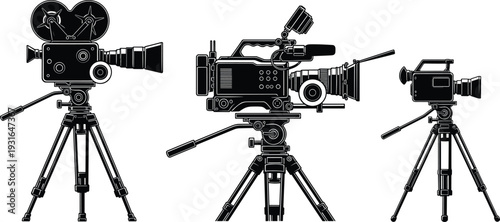 Evolution of video cameras on tripods showcasing classic film reel camera, modern professional video equipment, and compact digital camcorder highlighting filmmaking technology across different eras