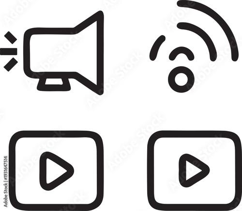 Sound and streaming icons, speaker, signal waves and play buttons