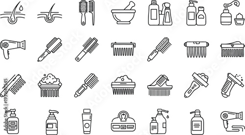 Hairdressing and Barber Tools Icon Set with Comb Scissors Hair Dryer Shampoo Bottle and Styling Equipment Line Vector Collection