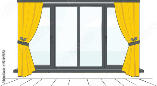 Minimalist flat vector illustration of a modern window with vibrant yellow curtains, sleek gray frames, and a small green leaf sprout detail, looking out to a bright sunny day for sustainable interior