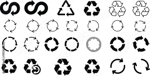 Set of recycling and circular arrow icons in black grid design, sustainability reuse symbols for eco-friendly environment, renewal, process continuity, and green illustratio
