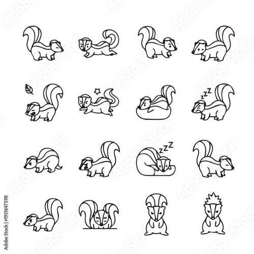 Cute Skunk Icons Set: Various Poses and Actions in Simple Line Art