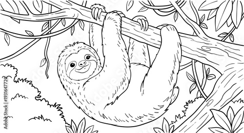 Lazy Sloth Hanging On Tree Coloring Page