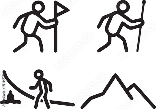 Hiking and adventure icons set flat vector illustration person with flag hiking stick mountain