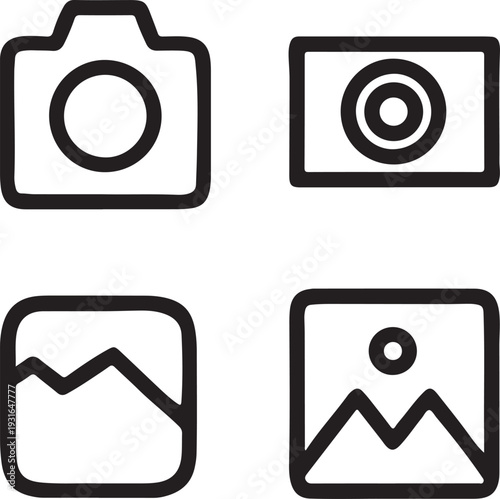 Photo and image gallery flat vector illustration set camera icon picture frame landscape