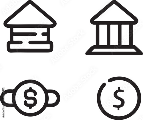 Bank building and dollar coin icons for finance and money services