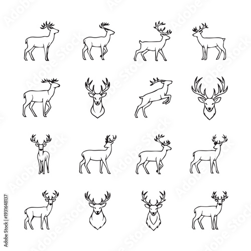 Deer Line Art Collection: Various Poses and Headshots Vector Icons Wildlife