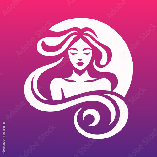 Logotipo de salón de belleza. Dibujo con cara de mujer desnuda de frente con peinado con ondas con círculo 