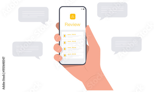 Hand holding a smartphone displaying a review page with multiple customer reviews and ratings on a clean white background for customer feedback purposes.