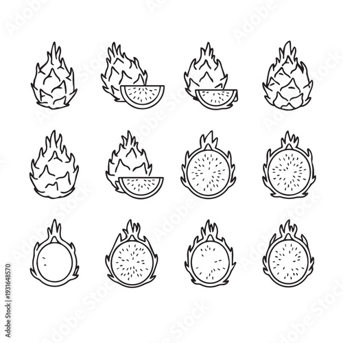 Dragon Fruit Icon Set: Whole Halved Sliced and Cross-Section Outline Illustrations
