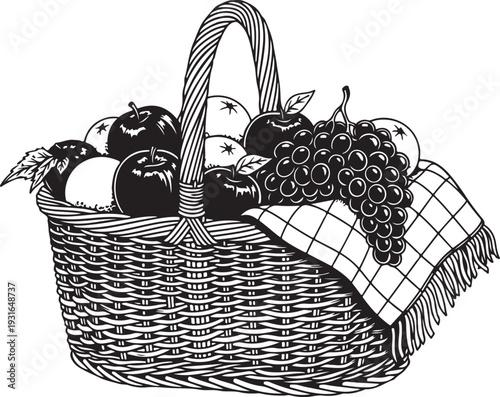 Woven basket filled with fresh apples and grapes illustration