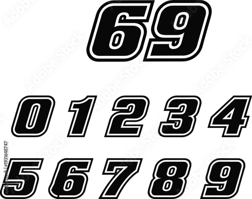 Bold black and white racing style numbers from zero to nine three