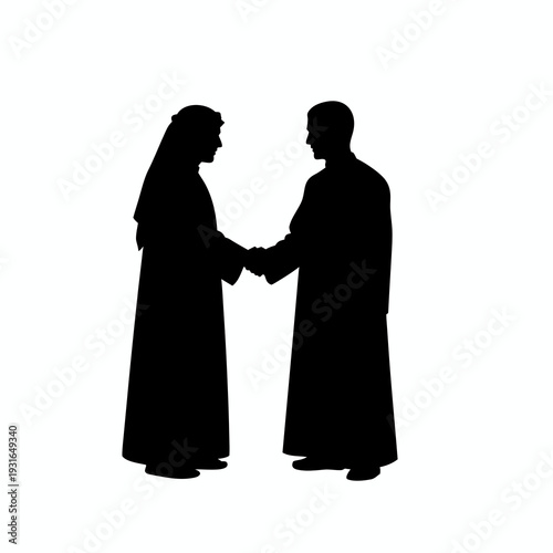 Silhouette of two men in traditional Arab thobe and ghutra performing a professional business handshake to seal a deal