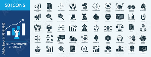 Editable 50 Business Growth Strategy icons for web and mobile. Set of included icons growth, continuous improvement, market research and more.