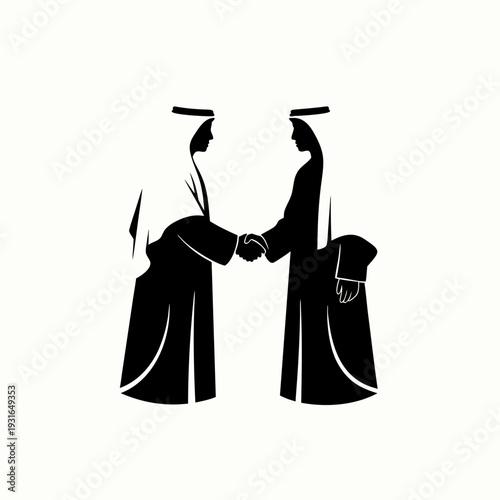 Silhouette of businessmen in traditional Arab dishdasha and shemagh performing a handshake to finalize a successful alliance