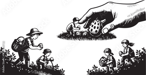 Children planting seeds in garden with giant hand guidance
