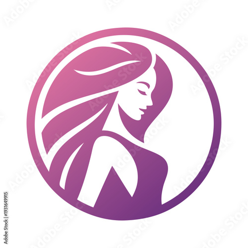 Logotipo de salón de belleza. Dibujo con cara de mujer de perfil con peinado con ondas en círculo 