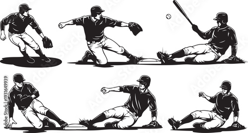 Baseball player in various poses on the field action