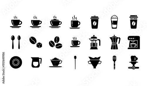 Clean Black Silhouette Coffee and Beverage Icons Vector Set